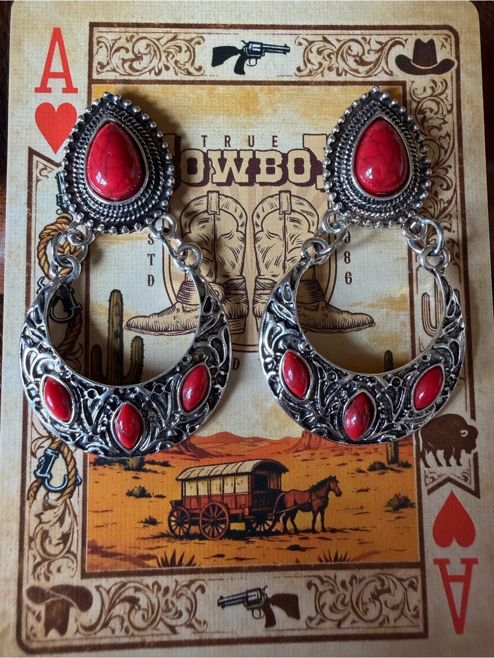 Red Turquoise Stone Silver Tone Crescent Hoop Dangle Earrings Western Boho NEW